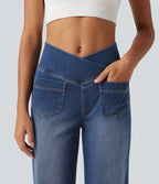 High Waisted Crossover Tummy Control Straight Leg Casual Jeans with Pockets — Estate Blue Denim — view 4
