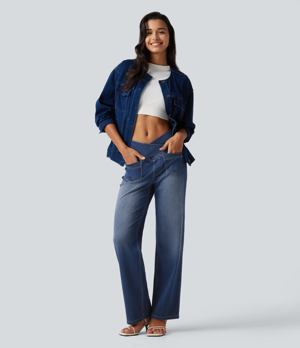High Waisted Crossover Tummy Control Straight Leg Casual Jeans with Pockets — Estate Blue Denim — view 8