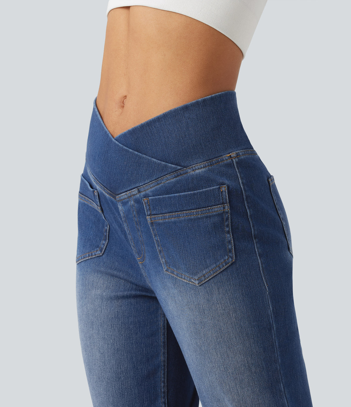 High Waisted Crossover Tummy Control Straight Leg Casual Jeans with Pockets — Estate Blue Denim — view 6