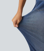 High Waisted Crossover Tummy Control Straight Leg Casual Jeans with Pockets — Estate Blue Denim — view 7