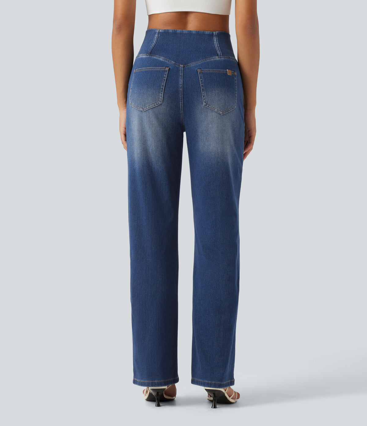 High Waisted Crossover Tummy Control Straight Leg Casual Jeans with Pockets — Estate Blue Denim — view 2