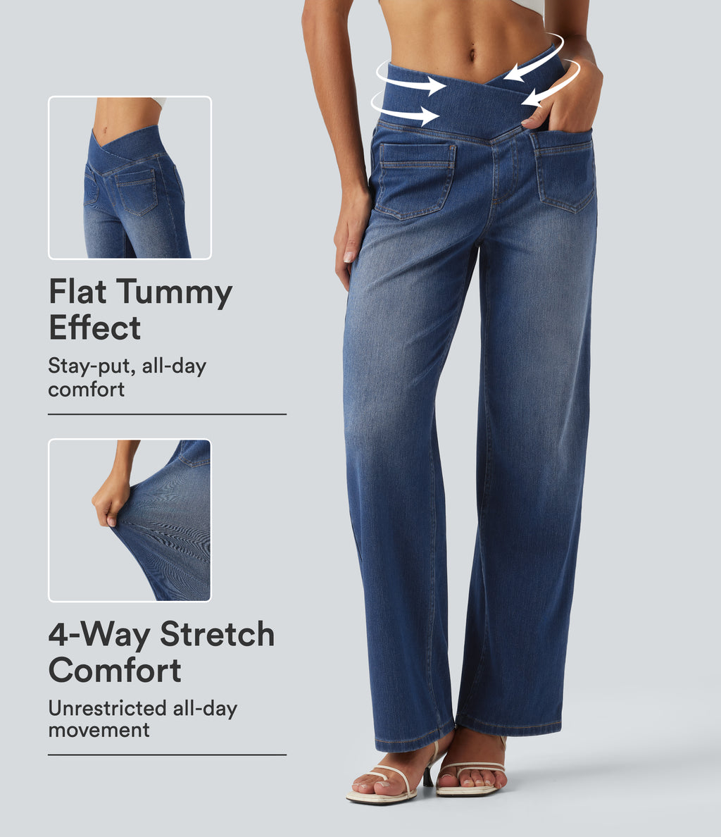 High Waisted Crossover Tummy Control Straight Leg Casual Jeans with Pockets — Estate Blue Denim — view 1