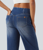 High Waisted Crossover Tummy Control Straight Leg Casual Jeans with Pockets — Estate Blue Denim — view 5