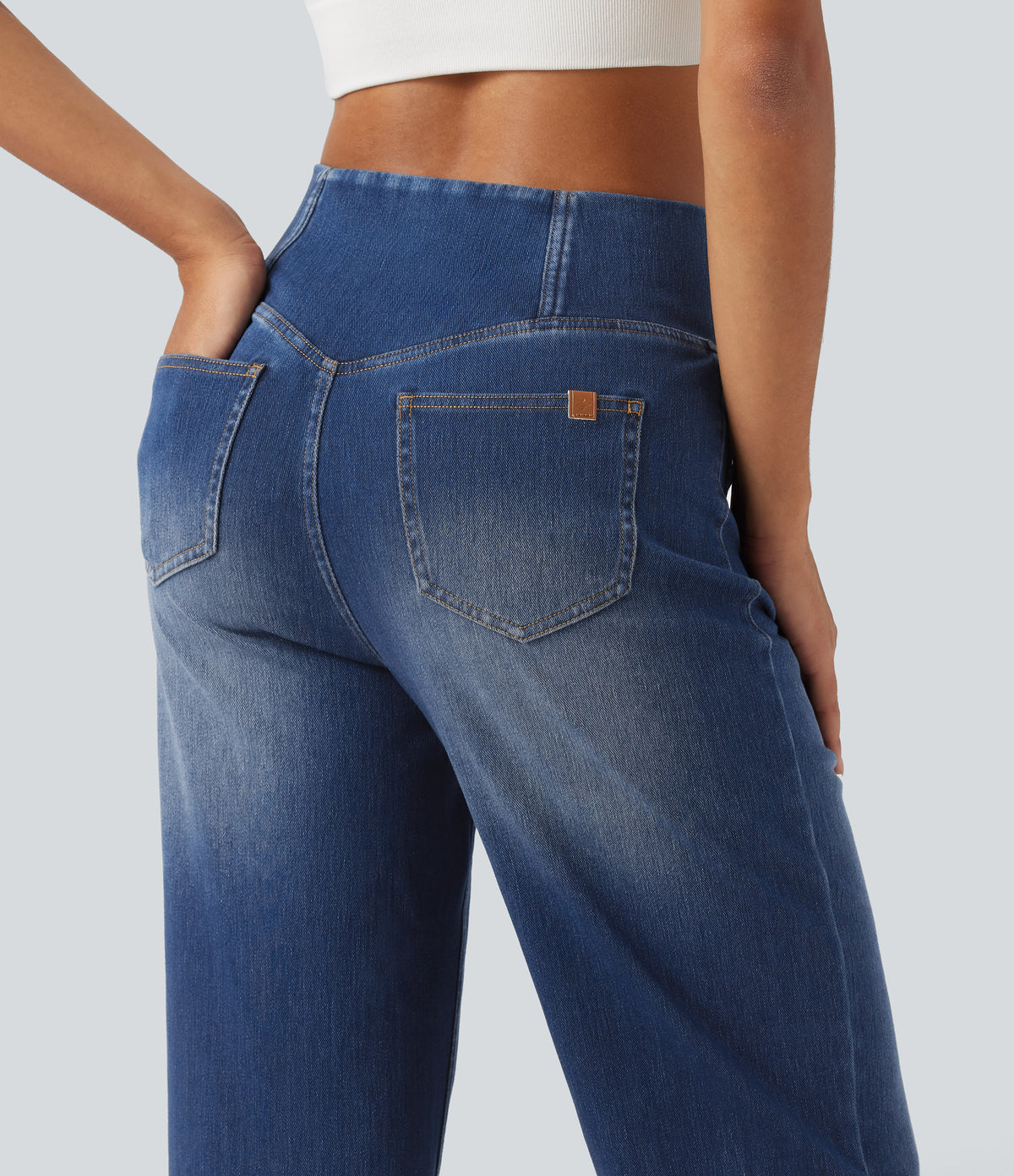 High Waisted Crossover Tummy Control Straight Leg Casual Jeans with Pockets — Estate Blue Denim — view 5