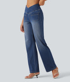 High Waisted Crossover Tummy Control Straight Leg Casual Jeans with Pockets — Estate Blue Denim — view 3