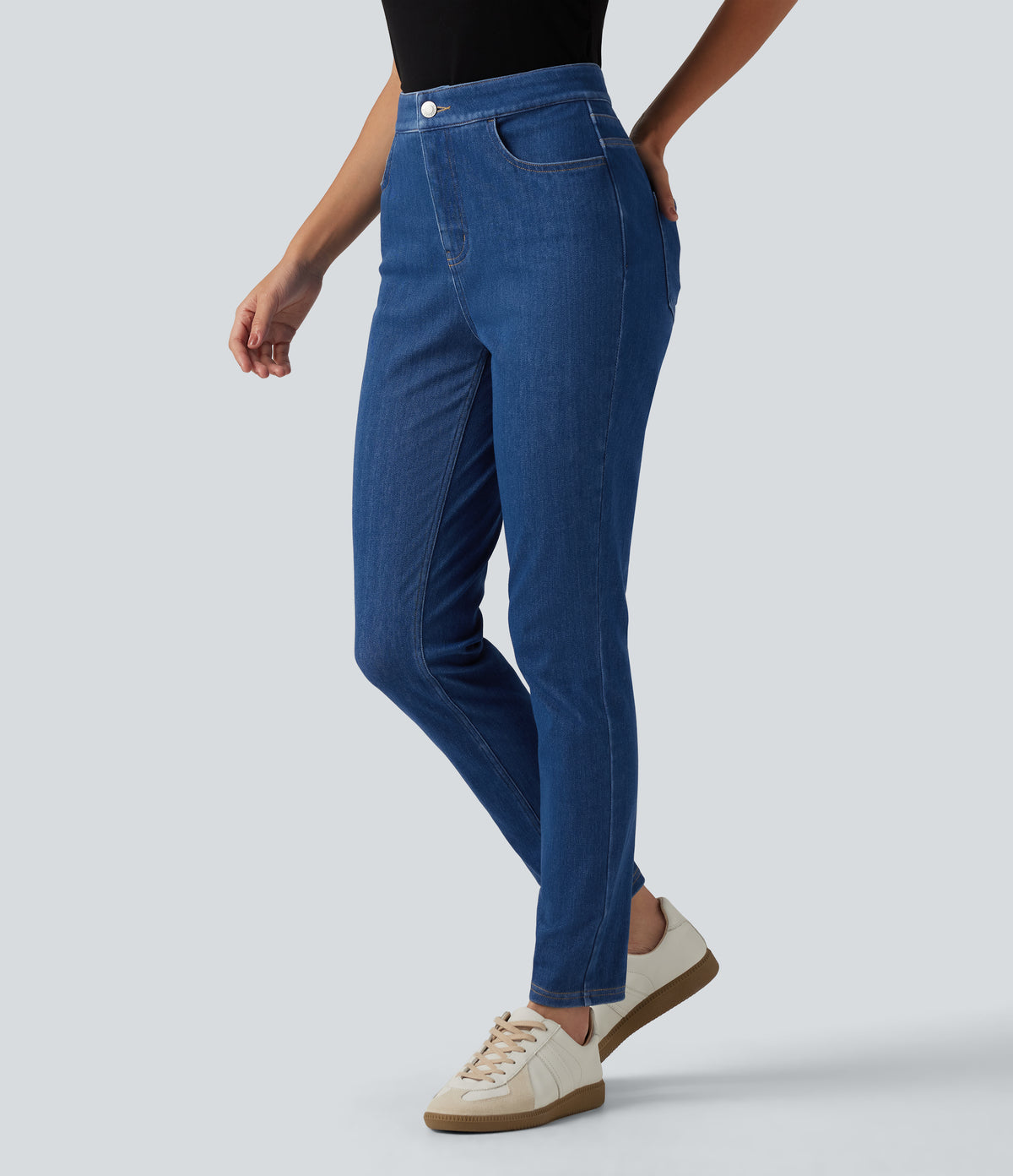High Waisted Tummy Control Casual Jeans with Pockets — Gulf Stream Blue Denim — view 3