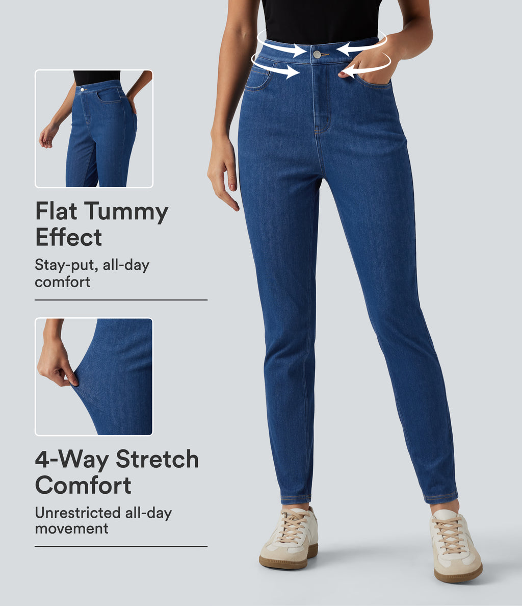 High Waisted Tummy Control Casual Jeans with Pockets — Gulf Stream Blue Denim — view 1
