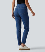 High Waisted Tummy Control Casual Jeans with Pockets — Gulf Stream Blue Denim — view 2