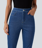 High Waisted Tummy Control Casual Jeans with Pockets — Gulf Stream Blue Denim — view 4