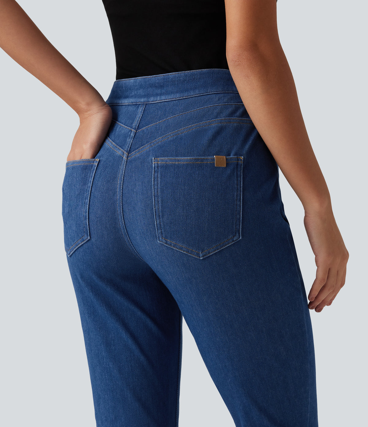 High Waisted Tummy Control Casual Jeans with Pockets — Gulf Stream Blue Denim — view 5