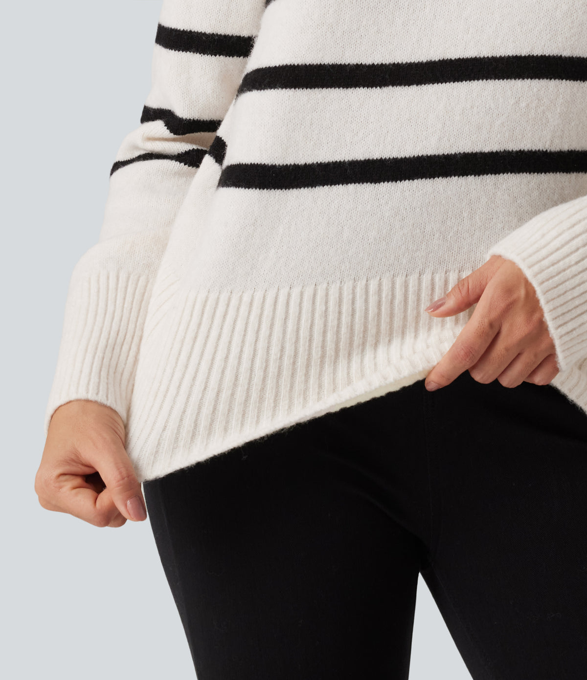 High Neck Long Sleeve Stripe Work Jumper — White Black Horizontal Stripe — view 8