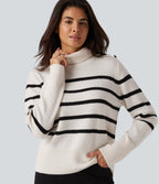 High Neck Long Sleeve Stripe Work Jumper — White Black Horizontal Stripe — view 1