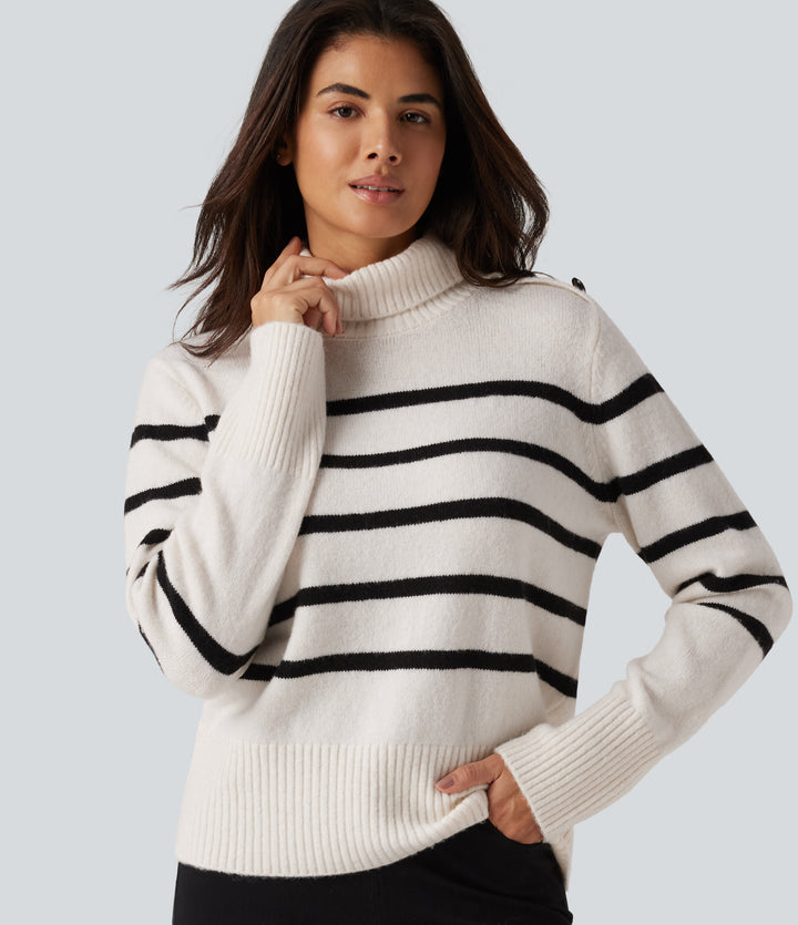 High Neck Long Sleeve Stripe Work Jumper — White Black Horizontal Stripe — view 1