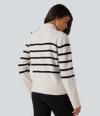 High Neck Long Sleeve Stripe Work Jumper — White Black Horizontal Stripe — view 2