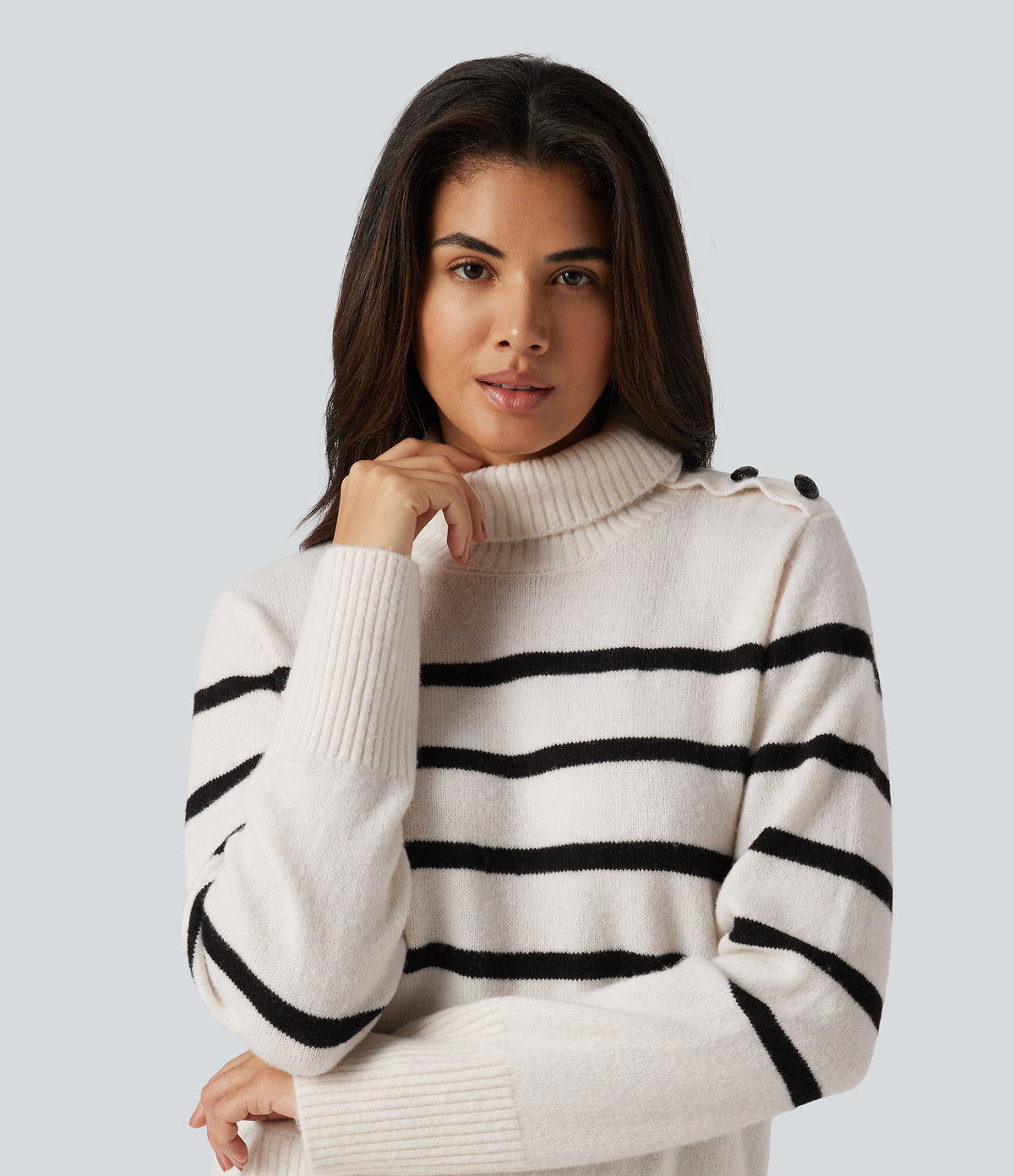 High Neck Long Sleeve Stripe Work Jumper — White Black Horizontal Stripe — view 6
