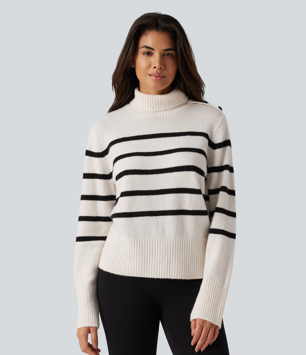 High Neck Long Sleeve Stripe Work Jumper — White Black Horizontal Stripe — view 4