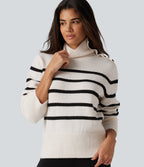 High Neck Long Sleeve Stripe Work Jumper — White Black Horizontal Stripe — view 5