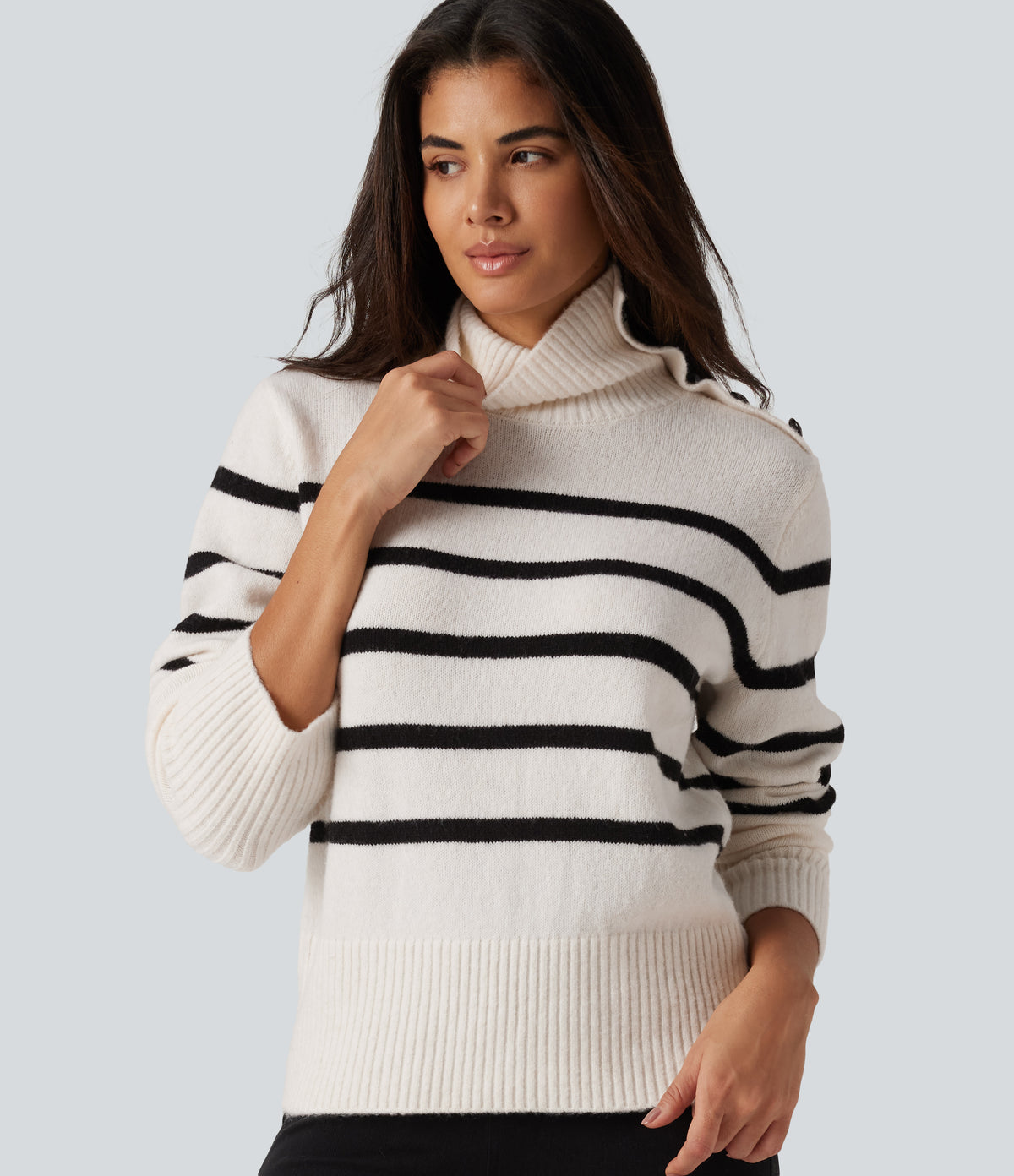 High Neck Long Sleeve Stripe Work Jumper — White Black Horizontal Stripe — view 5