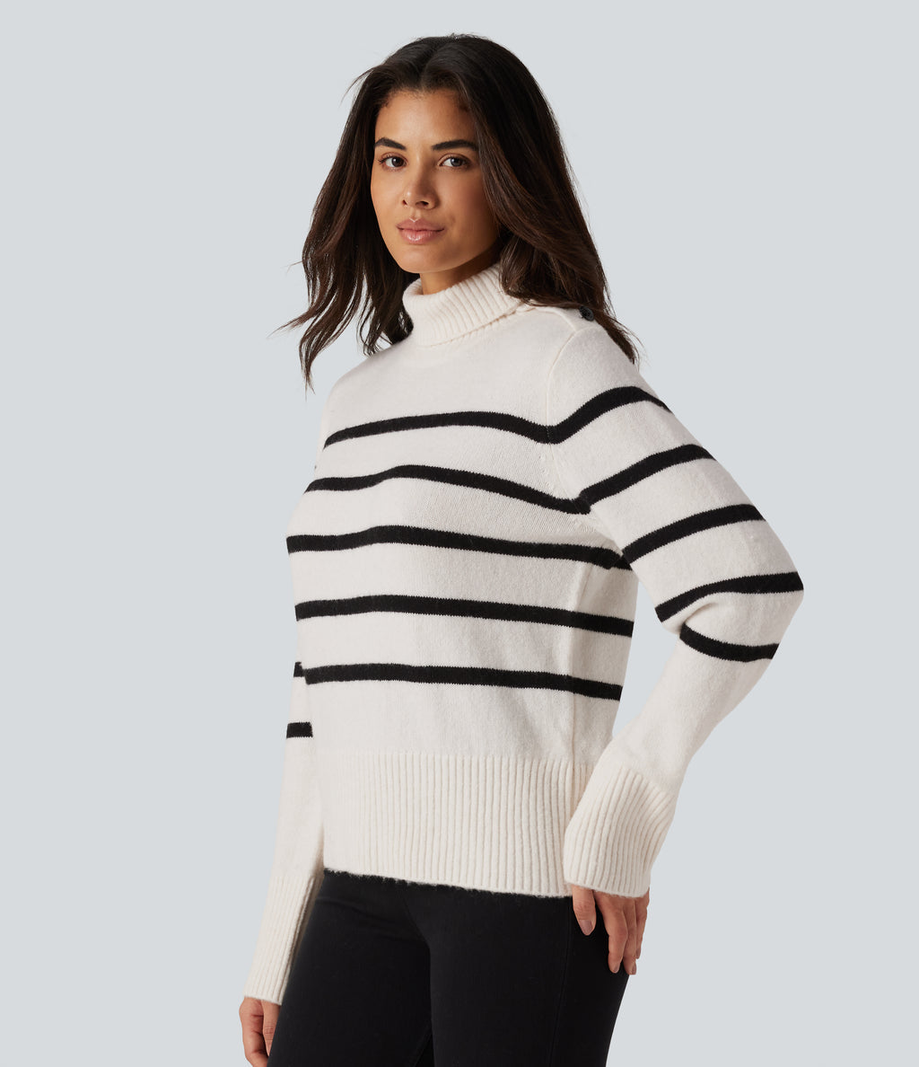 High Neck Long Sleeve Stripe Work Jumper — White Black Horizontal Stripe — view 3
