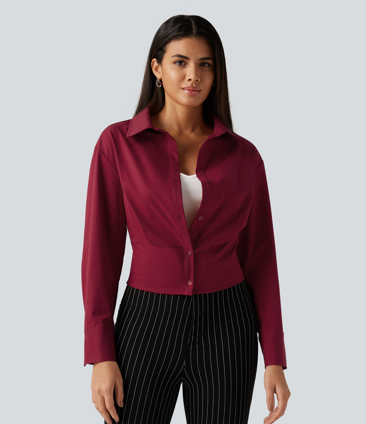 Long Sleeve Boxy Color Block Work Shirt with Tank Top Inside — Rhythmic Red — view 4