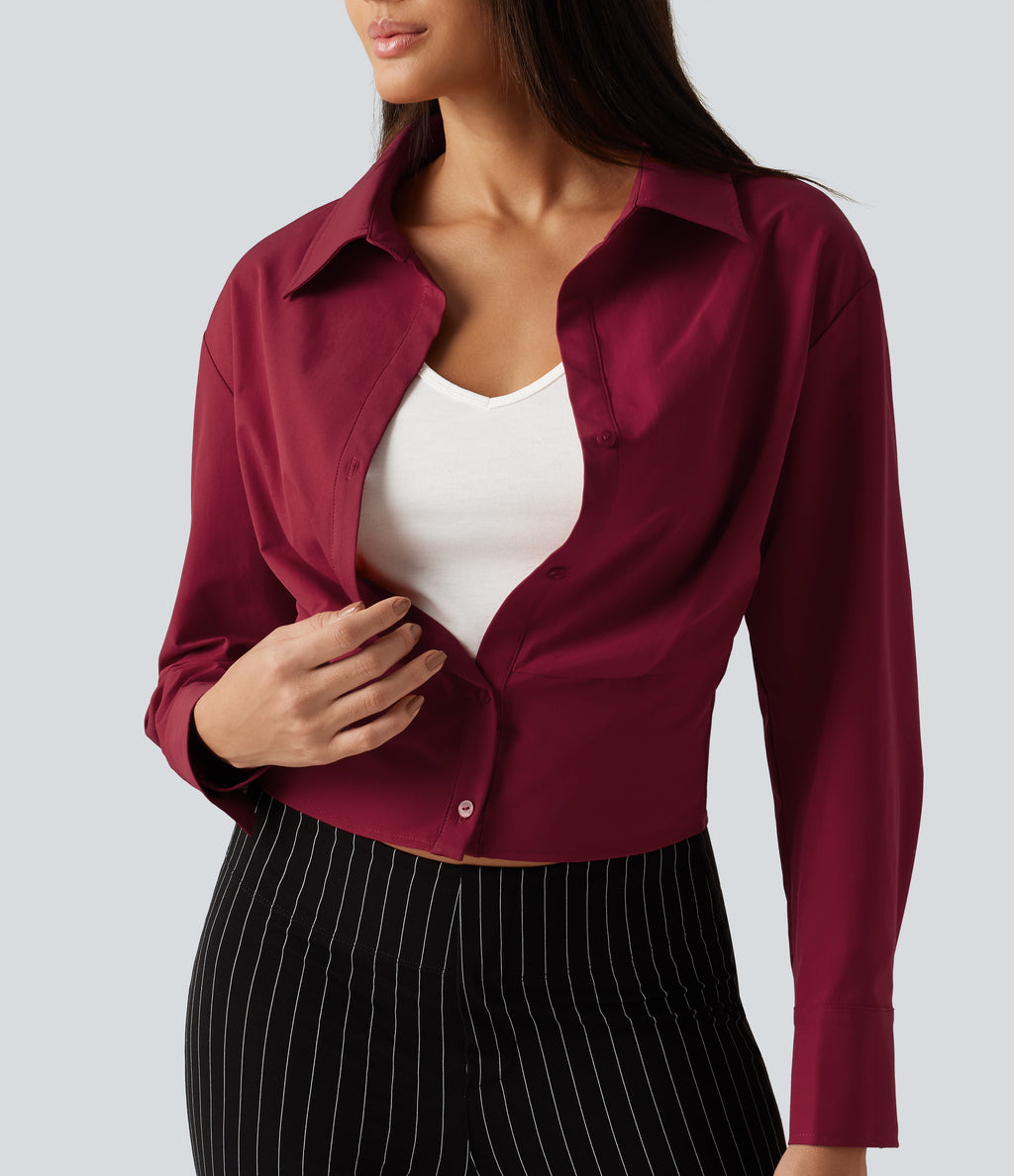 Long Sleeve Boxy Color Block Work Shirt with Tank Top Inside — Rhythmic Red — view 6