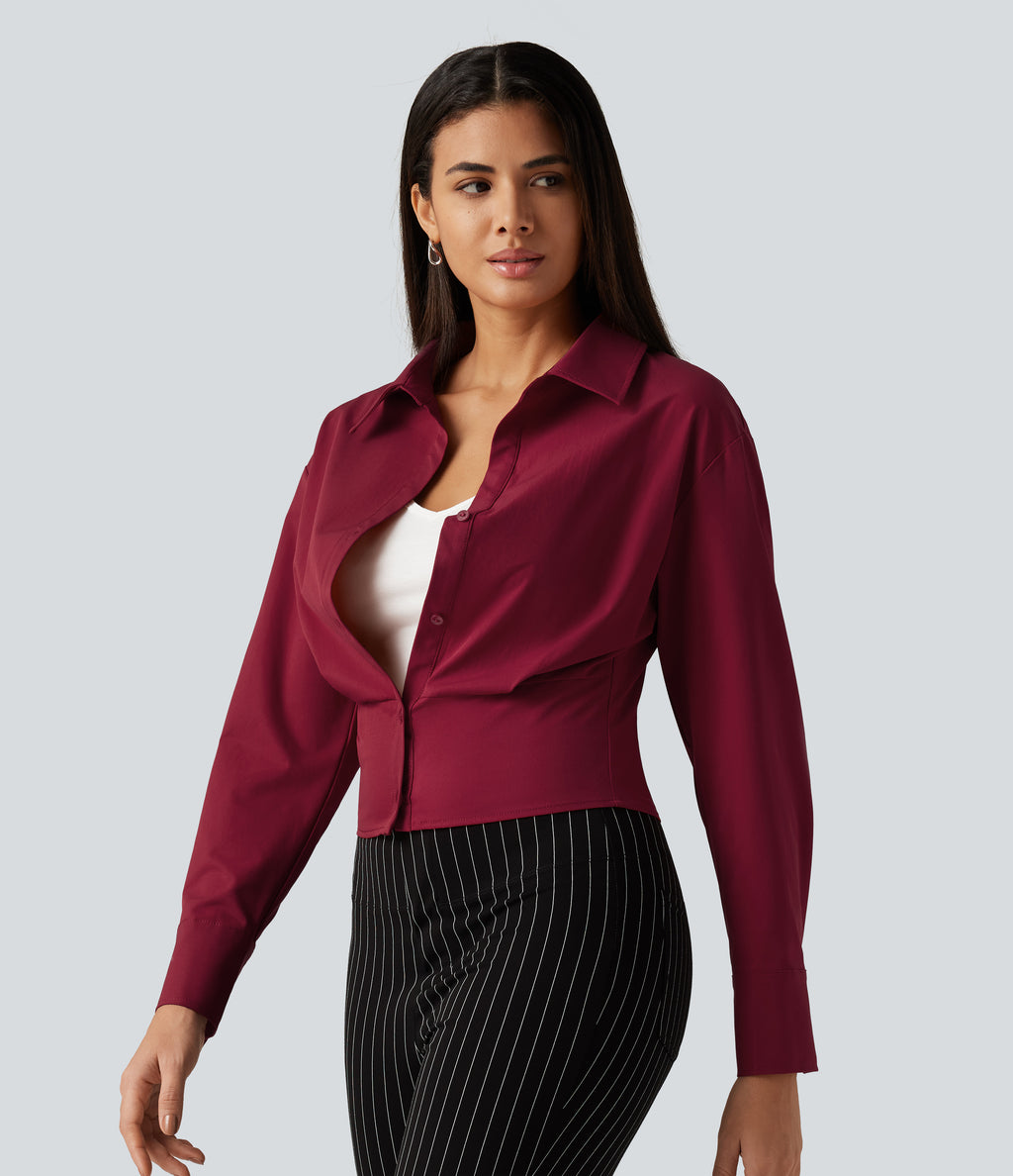 Long Sleeve Boxy Color Block Work Shirt with Tank Top Inside — Rhythmic Red — view 3