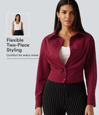 Long Sleeve Boxy Color Block Work Shirt with Tank Top Inside — Rhythmic Red — view 1