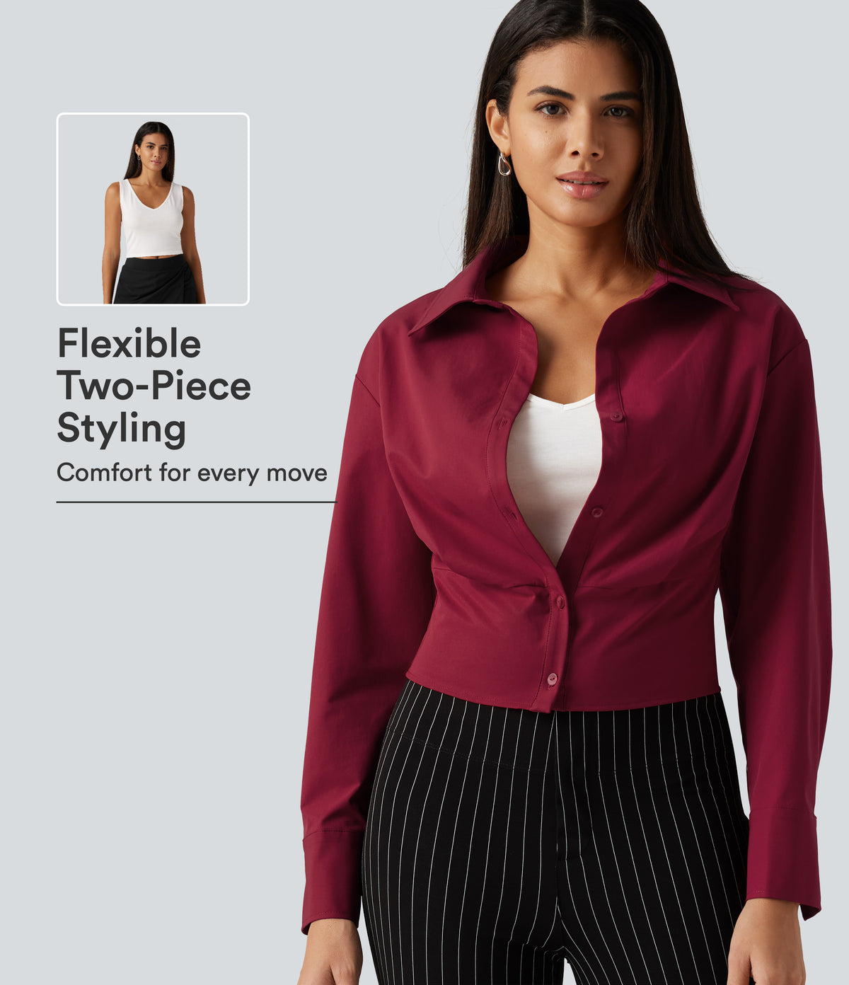 Long Sleeve Boxy Color Block Work Shirt with Tank Top Inside — Rhythmic Red — view 1