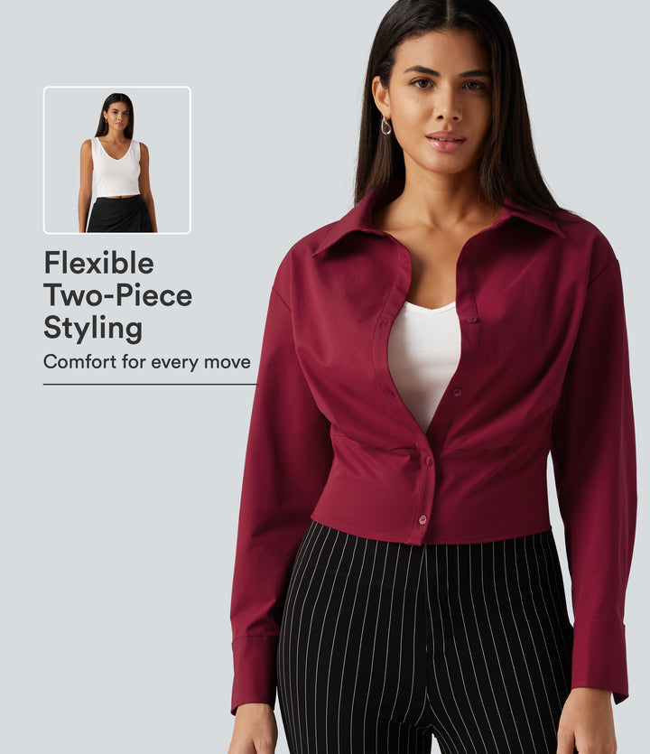 Long Sleeve Boxy Color Block Work Shirt with Tank Top Inside — Rhythmic Red — view 1