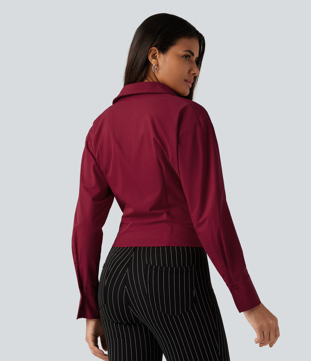 Long Sleeve Boxy Color Block Work Shirt with Tank Top Inside — Rhythmic Red — view 2