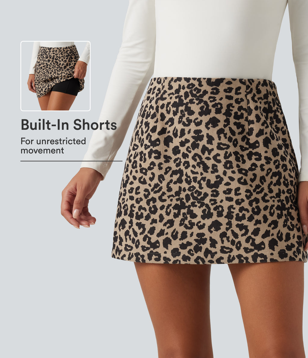 High Waisted 2-in-1 A-Line Leopard Print Corduroy Mini Casual Skirt with Pocket — Black Coffee Leopard Print — view 1