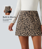 High Waisted 2-in-1 A-Line Leopard Print Corduroy Mini Casual Skirt with Pocket — Black Coffee Leopard Print — view 1