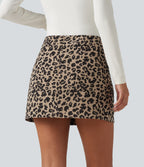 High Waisted 2-in-1 A-Line Leopard Print Corduroy Mini Casual Skirt with Pocket — Black Coffee Leopard Print — view 2