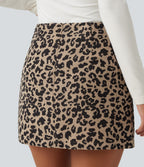 High Waisted 2-in-1 A-Line Leopard Print Corduroy Mini Casual Skirt with Pocket — Black Coffee Leopard Print — view 5