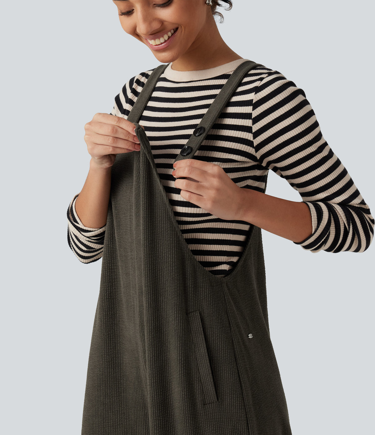Square Neck Baggy Corduroy Casual Dungarees with Pockets — Black Olive — view 6