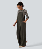 Square Neck Baggy Corduroy Casual Dungarees with Pockets — Black Olive — view 3