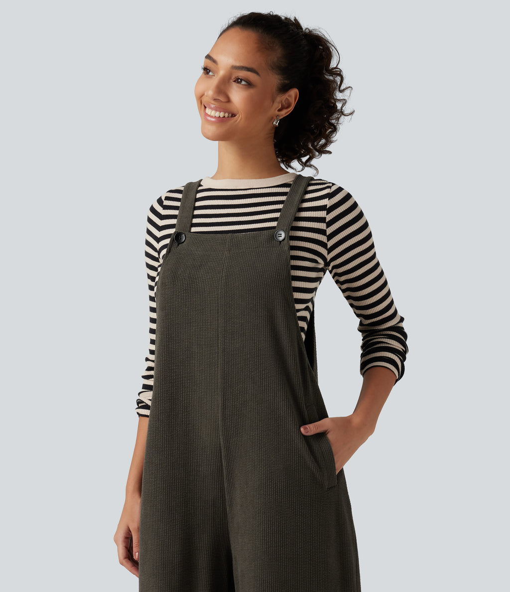 Square Neck Baggy Corduroy Casual Dungarees with Pockets — Black Olive — view 5