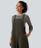 Square Neck Baggy Corduroy Casual Dungarees with Pockets — Black Olive — view 5