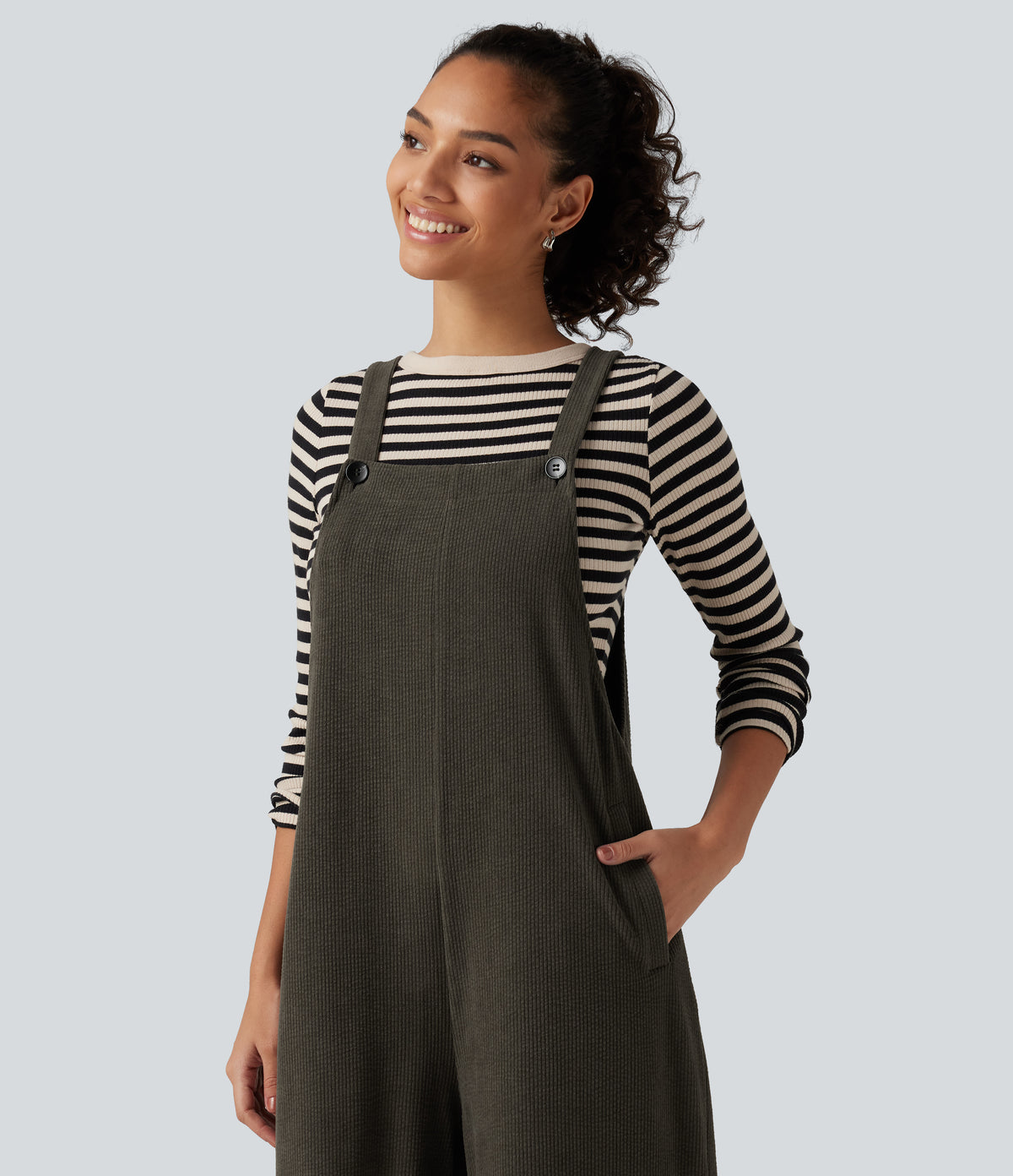 Square Neck Baggy Corduroy Casual Dungarees with Pockets — Black Olive — view 5