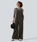 Square Neck Baggy Corduroy Casual Dungarees with Pockets — Black Olive — view 8