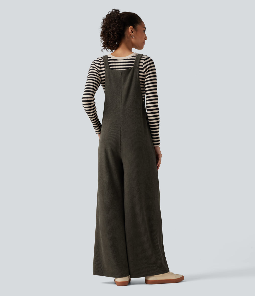 Square Neck Baggy Corduroy Casual Dungarees with Pockets — Black Olive — view 2