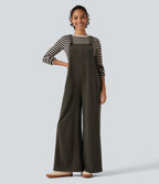 Square Neck Baggy Corduroy Casual Dungarees with Pockets — Black Olive — view 1