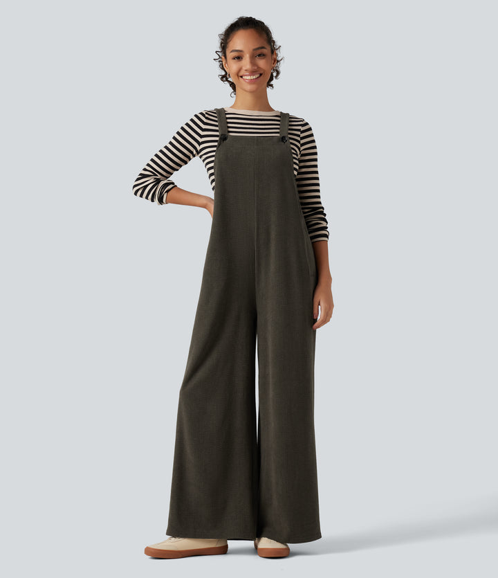 Square Neck Baggy Corduroy Casual Dungarees with Pockets — Black Olive — view 1