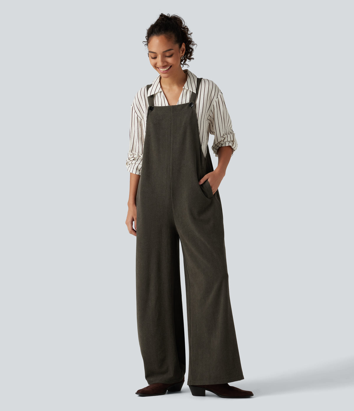 Square Neck Baggy Corduroy Casual Dungarees with Pockets — Black Olive — view 4