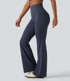 High Waisted Tummy Control Ruched Flare Yoga Leggings with Pockets — Mood Indigo — view 3