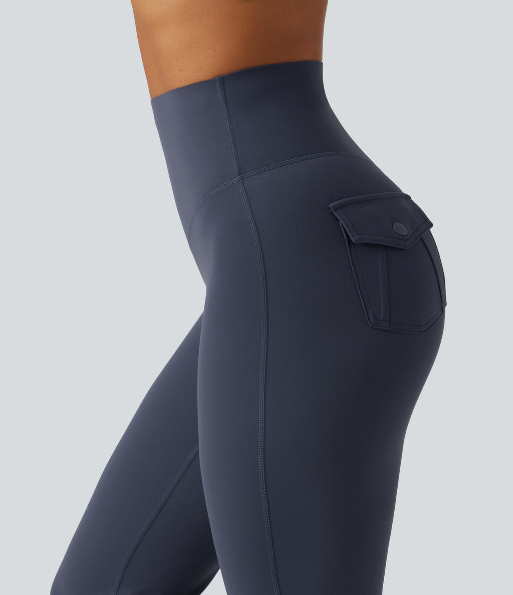 High Waisted Tummy Control Ruched Flare Yoga Leggings with Pockets — Mood Indigo — view 8