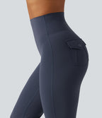 High Waisted Tummy Control Ruched Flare Yoga Leggings with Pockets — Mood Indigo — view 8