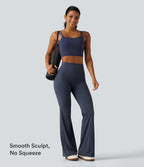 High Waisted Tummy Control Ruched Flare Yoga Leggings with Pockets — Mood Indigo — view 6