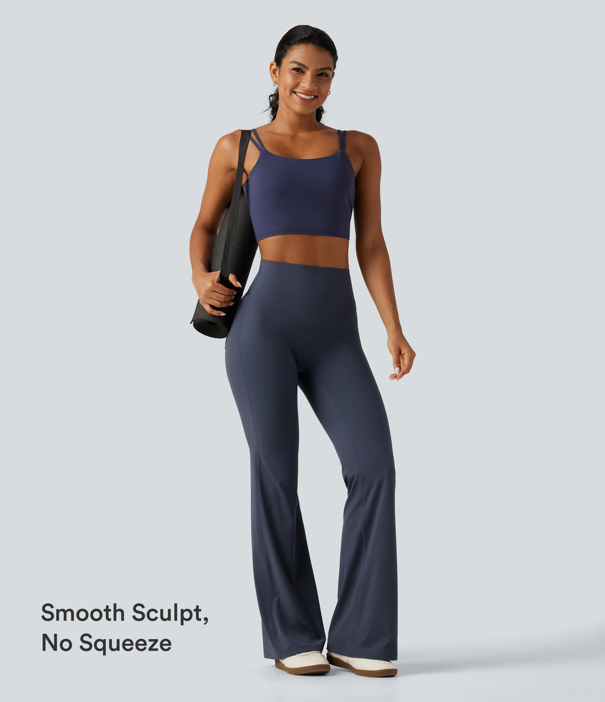 High Waisted Tummy Control Ruched Flare Yoga Leggings with Pockets — Mood Indigo — view 6