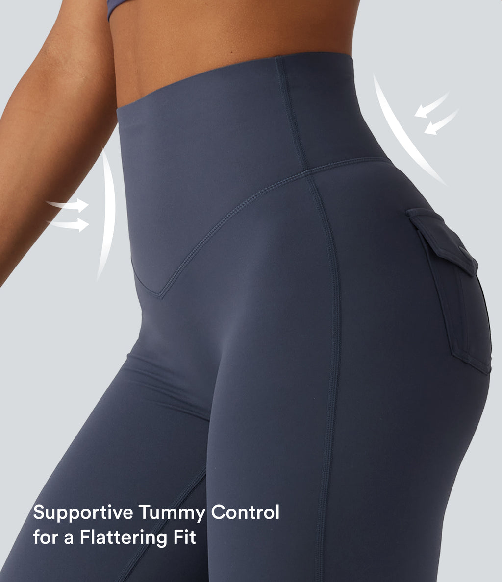 High Waisted Tummy Control Ruched Flare Yoga Leggings with Pockets — Mood Indigo — view 4